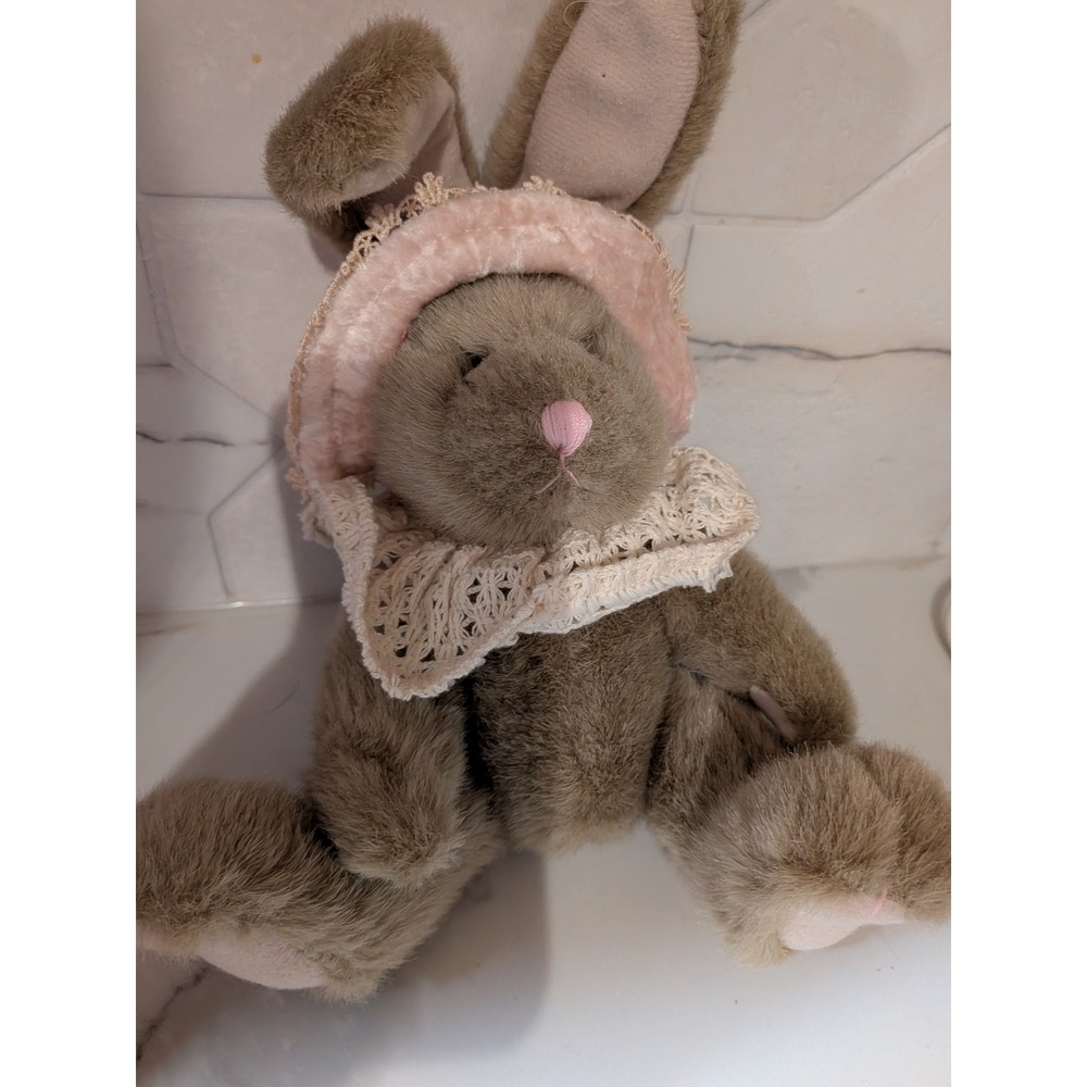 Vintage Russ Berrie Mitsy Bunny Rabbit Plush Brown Pink Bonnet Lace 10 inch